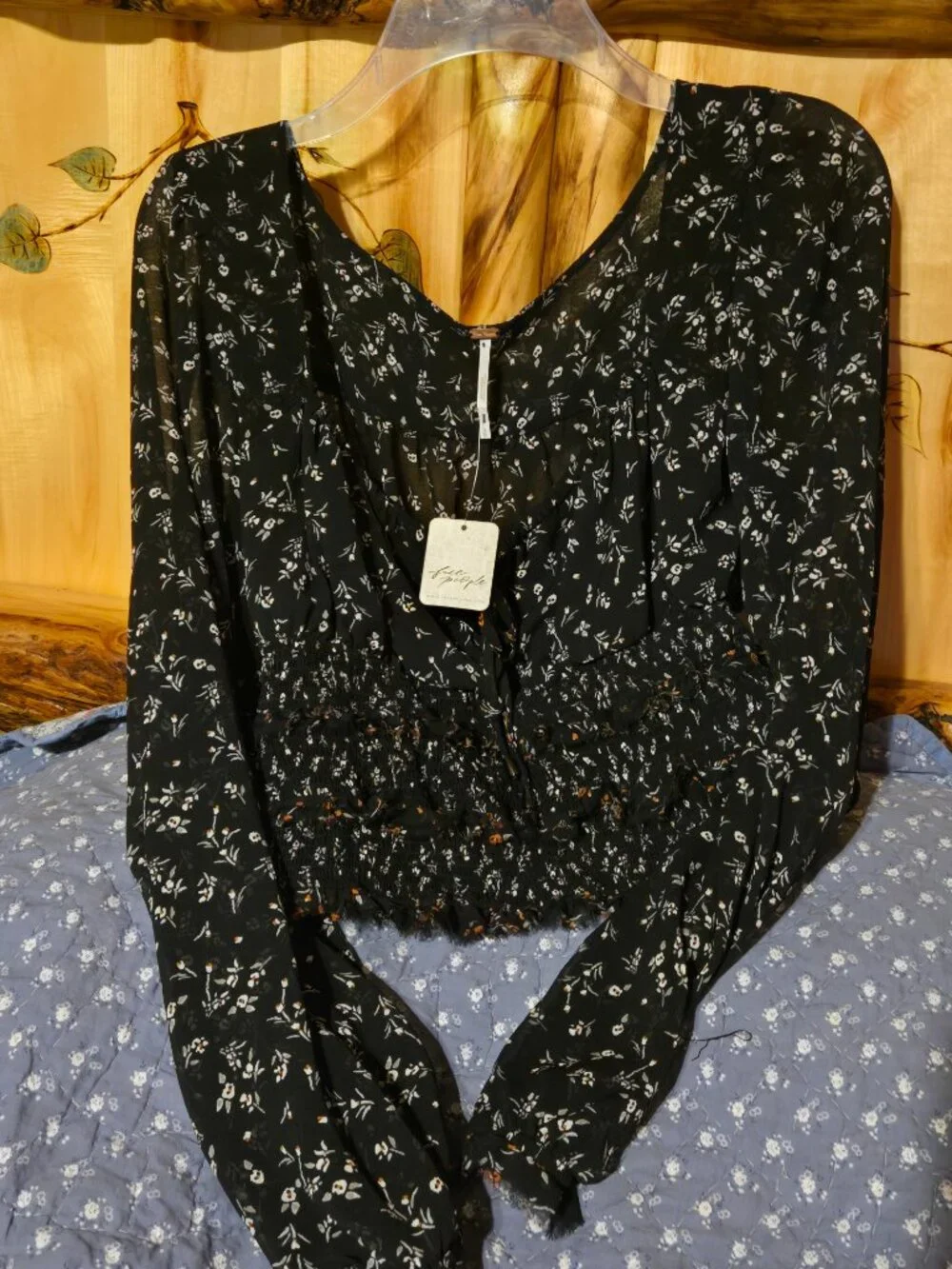 Free People Lolita Floral Smocked Top Black L NWT